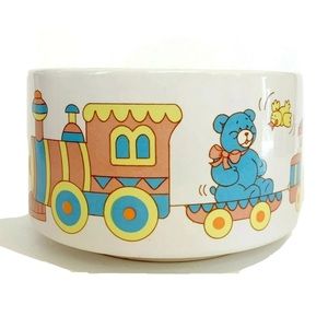 Vintage 1988 Porcelain Baby Food Bowl Train Bear Pastel Pink Blue Yellow Shower